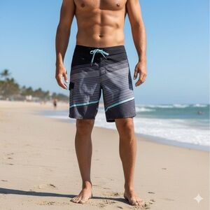 Trinity Board Shorts Swim Trunks Stripes Black Gray Aqua Green Tie Velcro Pool